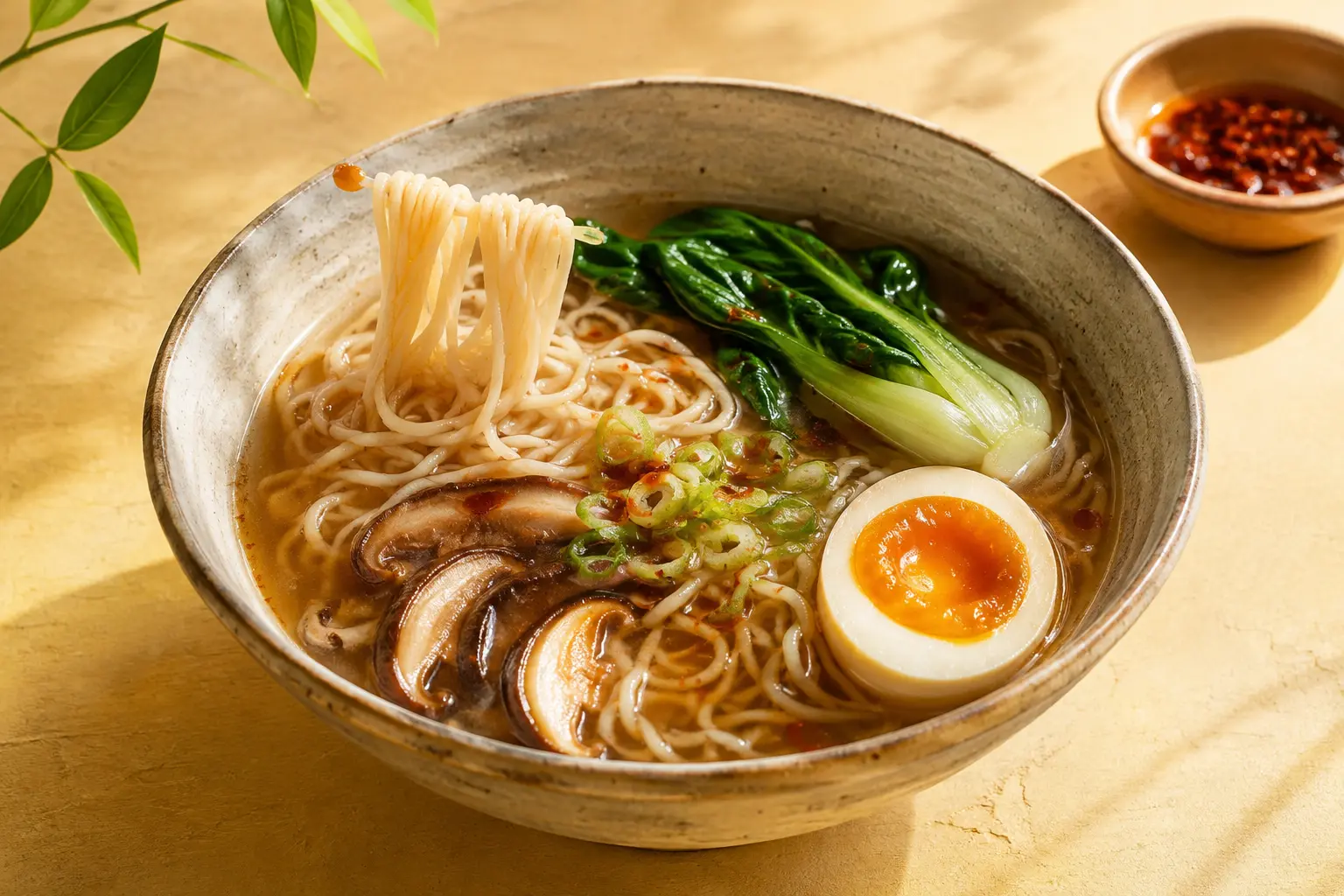 Brown rice ramen in broth with mushrooms, greens and scallions